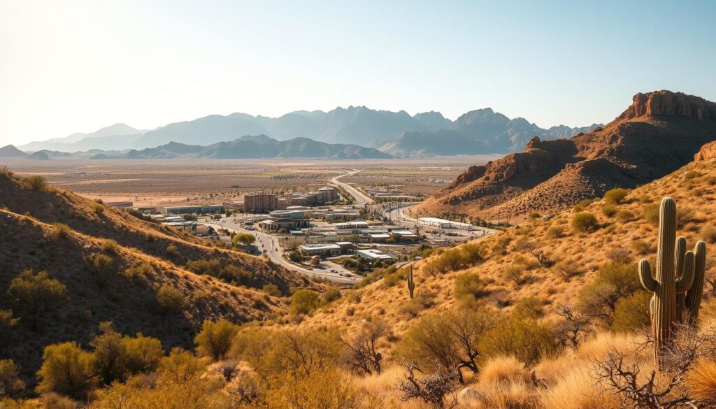 A vibrant landscape in West Texas, bathed in warm, golden light. In the foreground, rolling hills dotted with mesquite trees and cacti, hinting at the region's rugged, sun-drenched terrain. In the middle ground, a bustling small town, its buildings and streets reflecting the unique architectural style of the American Southwest. In the background, majestic mountains rise, their peaks piercing the clear, azure sky. The scene conveys a sense of opportunity and growth, with the town serving as a hub of commercial activity and the surrounding landscape offering a wealth of natural resources to be explored and leveraged. A cinematic, wide-angle lens captures the full scope of this dynamic setting, inviting the viewer to imagine the myriad SEO possibilities that await in West Texas.