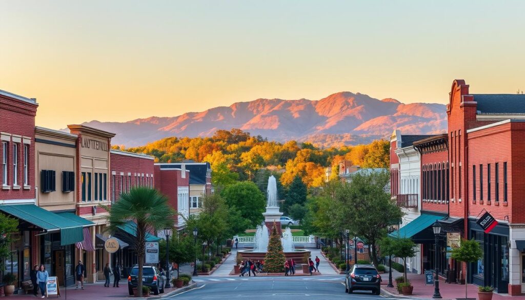 A vibrant landscape showcasing the charm of Fayetteville, North Carolina. In the foreground, a bustling downtown scene with quaint storefronts, pedestrians, and local businesses. Midground features the iconic Lafayette Park, with its picturesque fountains and lush greenery. In the background, the silhouette of the Appalachian Mountains rises, bathed in a warm, golden sunset glow. The scene exudes a sense of community, local pride, and the natural beauty that draws visitors to this thriving, SEO-savvy city.