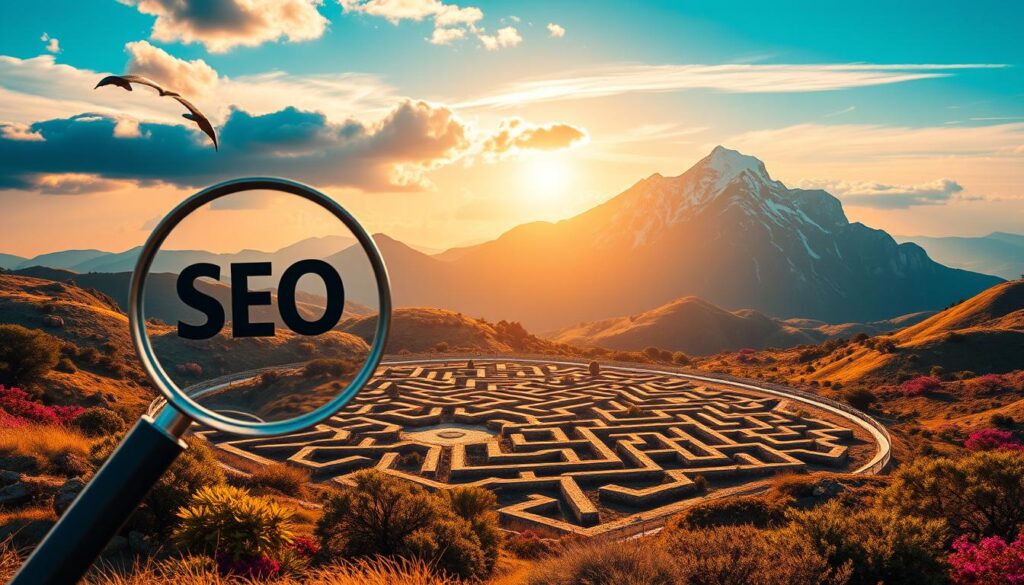 A vibrant landscape showcasing the core elements of SEO strategies. In the foreground, a stylized magnifying glass symbolizes the importance of thorough keyword research. The middle ground features a maze-like network of interconnected nodes, representing the intricate web of on-page optimization techniques. In the background, a towering mountain range of search engine algorithms looms, casting an aura of mystery and challenge. The scene is illuminated by a warm, golden light, conveying a sense of accomplishment and growth. The overall composition evokes the complexity and multifaceted nature of effective SEO services.