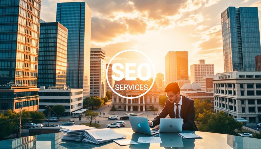 A vibrant, modern cityscape of Denton, TX, showcasing the prominent office buildings and landmarks associated with SEO services. In the foreground, a group of business professionals strategizing over a laptop, surrounded by digital marketing materials. The middle ground features a stylized SEO service company logo, conveying expertise and professionalism. In the background, the iconic Denton Courthouse Square and other recognizable local architecture, bathed in warm, golden sunlight. The overall scene exudes a sense of growth, innovation, and the thriving local business community, perfectly capturing the essence of "Understanding SEO Services in Denton, TX".