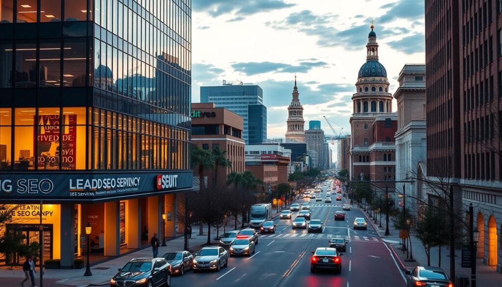 A vibrant, modern cityscape of Macon, Georgia, showcasing the city's thriving SEO services industry. In the foreground, a sleek, contemporary office building adorned with signage for a leading SEO agency, its facade bathed in warm, golden lighting. In the middle ground, the bustling streets of downtown Macon, with cars and pedestrians navigating the well-maintained roads and sidewalks. In the background, the iconic architecture of Macon's historic buildings and landmarks, providing a visually striking contrast to the modern SEO services office. The scene conveys a sense of growth, professionalism, and the city's commitment to digital marketing excellence.