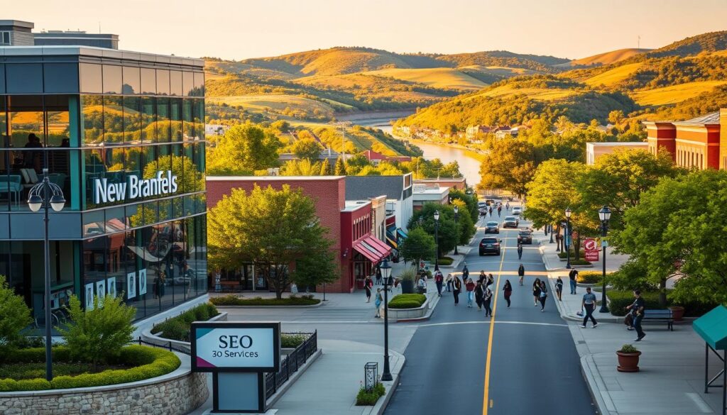 A vibrant, modern cityscape showcasing the heart of New Braunfels, Texas. In the foreground, a sleek, glass-fronted office building with signage highlighting "New Braunfels SEO Services", surrounded by well-manicured landscaping. The middle ground features bustling pedestrian traffic along a lively Main Street, with quaint local shops and restaurants. In the background, the iconic Comal River winds through verdant, rolling hills, bathed in warm, golden afternoon sunlight. The scene conveys a thriving, digitally-savvy small-town atmosphere, ideal for businesses seeking expert search engine optimization support.
