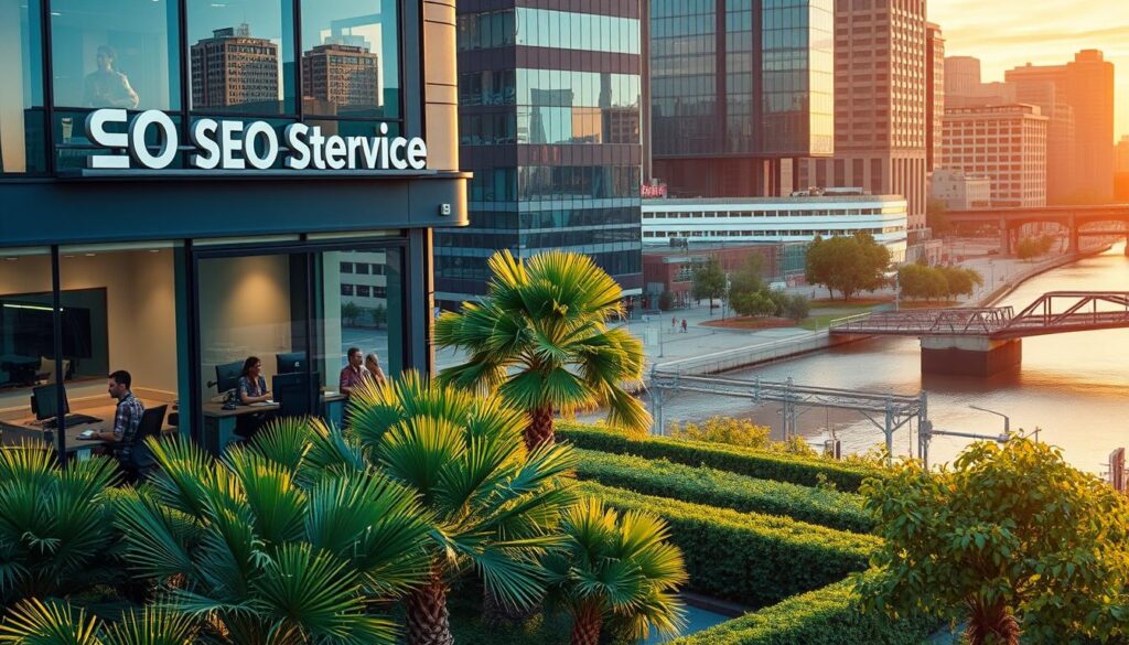 A vibrant, modern cityscape showcasing the heart of Shreveport, Louisiana. In the foreground, a sleek, contemporary office building with large windows and a prominent sign reading "Shreveport SEO Services". Employees can be seen working through the glass, hinting at the dynamic digital marketing efforts within. The middle ground features lush greenery, such as palm trees and neatly manicured hedges, creating a sense of balance and professionalism. In the background, the iconic Red River flows calmly, with the historic Caddo Street Bridge visible in the distance, connecting the business district to the rest of the city. The scene is bathed in warm, golden-hour lighting, evoking a sense of growth, prosperity, and the city's vibrant spirit.