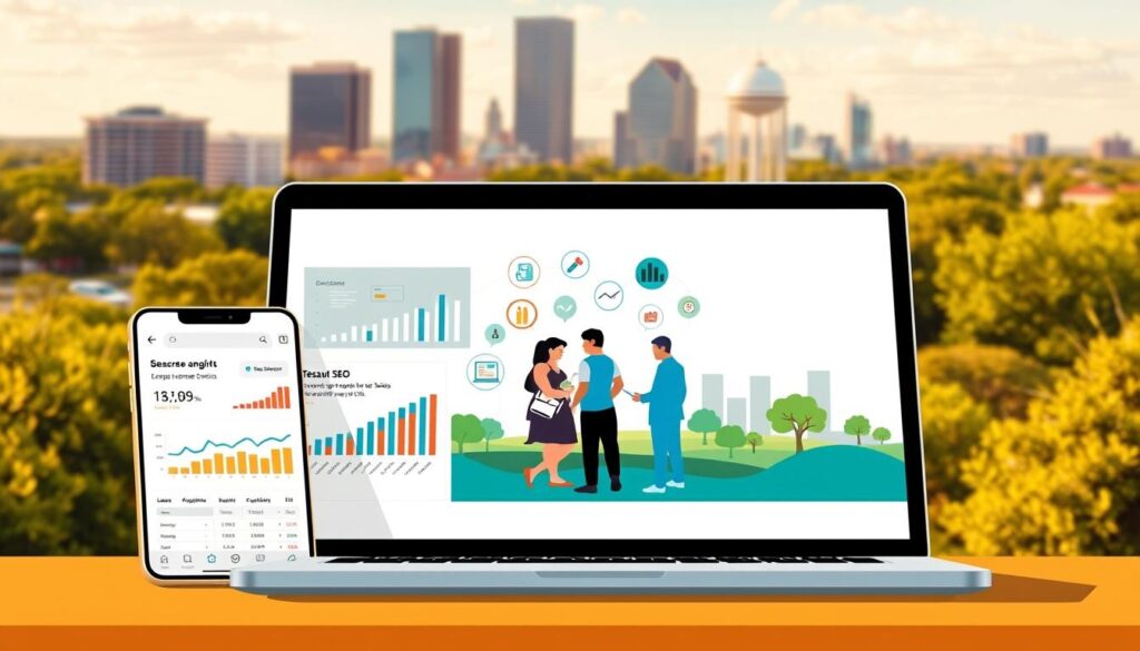 A vibrant, modern illustration of "Mesquite SEO Services" set against the backdrop of the Texas skyline. In the foreground, a stylized laptop and smartphone display search engine optimization analytics and website traffic data. In the middle ground, a team of digital marketers collaborates, surrounded by icons representing various SEO tactics like keyword research, on-page optimization, and link building. The background features the iconic Mesquite water tower and lush, verdant landscapes, conveying a sense of local expertise and growth. Warm, natural lighting casts a golden glow, and the composition is crisp, clean, and visually engaging.