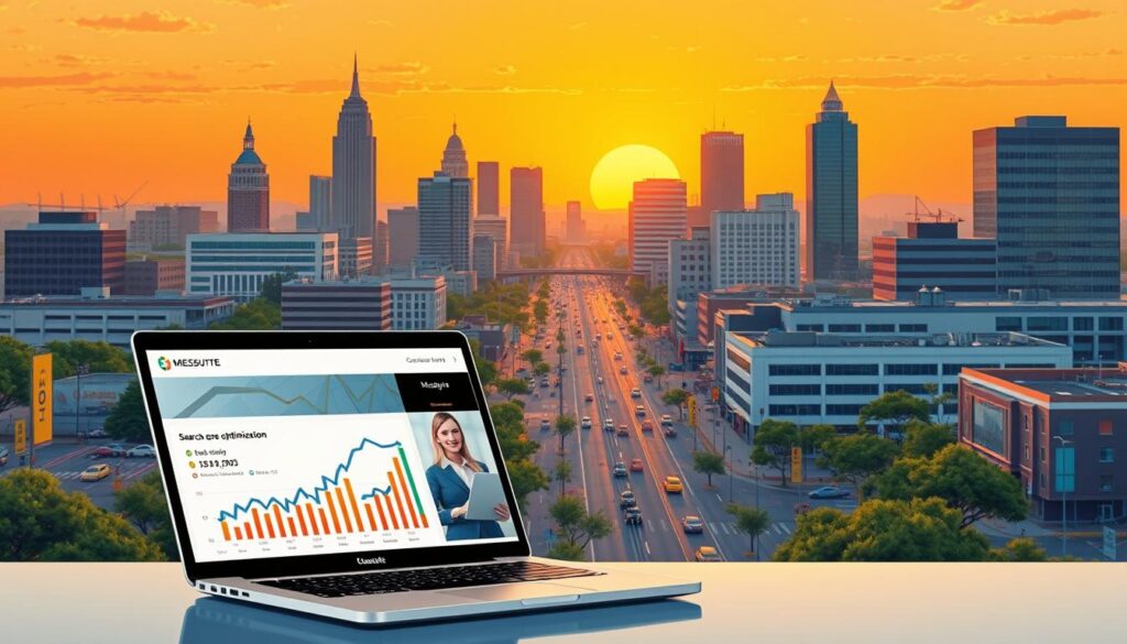 A vibrant, modern illustration of Mesquite, Texas featuring a local SEO services company. In the foreground, a sophisticated laptop display showcases search engine optimization analytics, with a friendly customer service representative guiding a business owner through the process. The middle ground depicts the bustling Mesquite cityscape, with iconic landmarks and signage highlighting the local community. In the background, a warm sunset casts a golden glow, conveying the sense of growth, progress, and successful digital marketing strategies tailored for Mesquite businesses. Crisp, high-resolution detail, cinematic lighting, and a clean, professional aesthetic.
