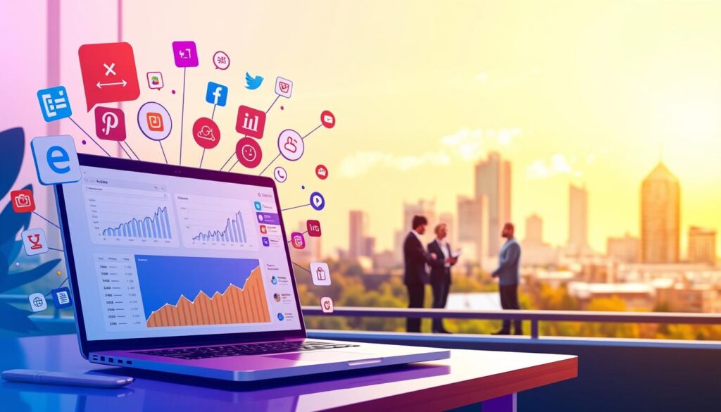 A vibrant, modern illustration of comprehensive SEO services in Waco, TX. The foreground features a laptop displaying analytics dashboards and optimization tools, surrounded by digital marketing icons like search engines, social media platforms, and content management systems. The middle ground showcases a team of SEO experts collaborating, with the Waco skyline visible in the background. The lighting is soft and warm, creating a professional yet approachable atmosphere. The composition emphasizes the expertise and capabilities of the SEO services offered, tailored to elevate the presence and performance of local Waco, TX websites.