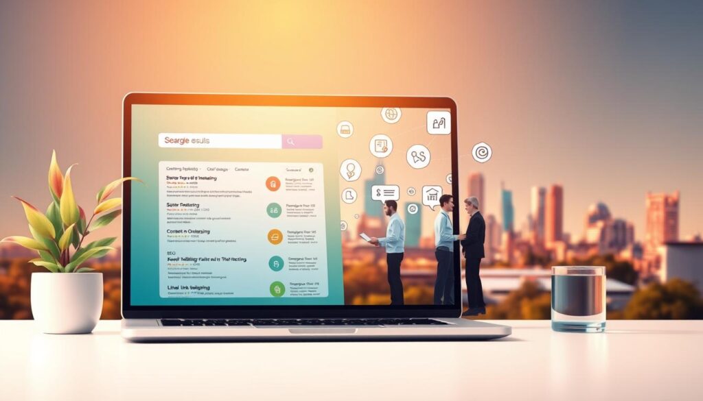 A vibrant, modern illustration showcasing essential SEO services in Warren, MI. In the foreground, a laptop screen displays a search engine results page, highlighting key SEO metrics and strategies. The middle ground features a team of digital marketing experts collaborating, surrounded by icons representing SEO tactics like keyword research, content optimization, and link building. In the background, the skyline of Warren, MI, can be seen, signifying the local focus of these SEO services. The scene is bathed in a warm, inviting light, conveying a sense of professionalism and expertise. The overall composition is clean, visually engaging, and reflects the comprehensive nature of the SEO services offered in the area.