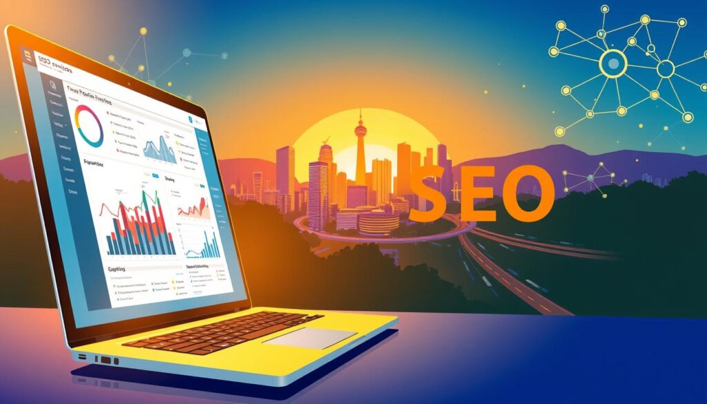 A vibrant, modern illustration showcasing the comprehensive SEO services offered in Fayetteville, North Carolina. In the foreground, a sleek laptop displays analytics and optimization tools, conveying the technical expertise of the service providers. In the middle ground, a city skyline featuring the iconic Fayetteville landmarks, representing the local focus. The background features a stylized digital landscape with interconnected nodes and data streams, symbolizing the integration of SEO strategies into the client's online presence. The scene is bathed in a warm, energetic light, reflecting the passion and dedication of the Fayetteville SEO professionals.