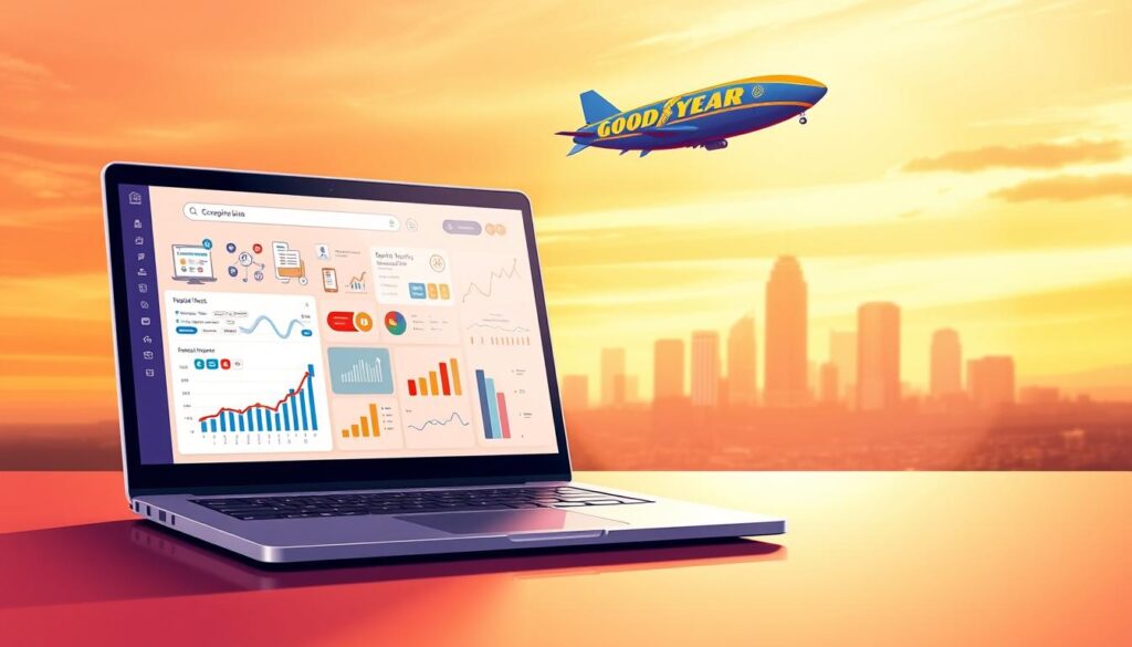 A vibrant, modern illustration showcasing the expertise of Goodyear SEO Services. In the foreground, a sleek laptop displays a search engine optimization dashboard, surrounded by stylized icons and graphics representing website traffic, analytics, and digital marketing strategies. The middle ground features a city skyline of Goodyear, AZ, with the Goodyear Blimp hovering overhead, symbolizing the company's local presence and global reach. The background is a warm, gradient-filled sky, creating a professional, high-tech atmosphere. Soft, directional lighting from the upper left casts subtle shadows, adding depth and dimension to the composition. The overall image conveys the reliability, innovation, and results-driven approach of Goodyear SEO Services.
