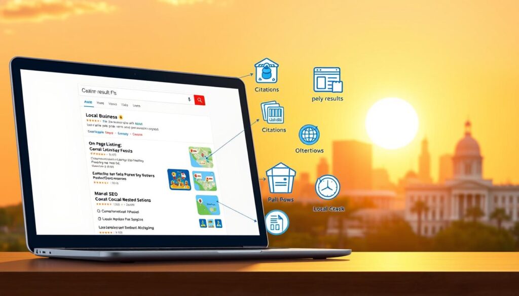 A vibrant, modern illustration showcasing the key steps of local SEO implementation in Palm Coast, FL. In the foreground, a stylized laptop screen displays a search engine results page highlighting local business listings and map pack results. In the middle ground, icons and infographic elements depict on-page optimization, citations, reviews, and other local SEO tactics. The background features a sun-drenched skyline of Palm Coast's iconic landmarks, conveying a sense of community and place-based marketing. The scene is bathed in warm, golden lighting with a slight depth-of-field blur, creating a professional, polished aesthetic. The overall mood is informative yet visually engaging, guiding the viewer through the essential components of effective local SEO.