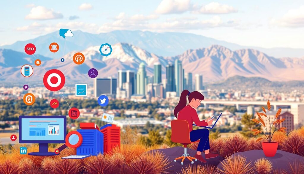 A vibrant, modern illustration showcasing the top SEO services available in Centennial, CO. In the foreground, an array of digital marketing tools and platforms are prominently displayed, including search engine optimization, keyword research, content creation, and social media management. The middle ground features a team of SEO experts collaborating on a laptop, analyzing website analytics and strategizing to boost online visibility. In the background, the iconic Centennial skyline is visible, with the majestic Rocky Mountains providing a picturesque backdrop. The scene is bathed in warm, natural lighting, conveying a sense of professionalism, expertise, and the region's thriving digital landscape.