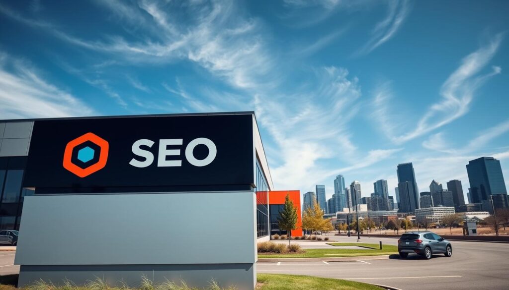 A vibrant, modern office building set against the backdrop of the Fargo, North Dakota skyline. In the foreground, a sleek sign proudly displays the logo of a local SEO company, its crisp typography and bold colors catching the eye. The building's facade is adorned with large windows, allowing natural light to flood the workspace. A few cars are parked in the lot, hinting at the bustling activity within. The sky is a clear, azure blue, with wispy clouds drifting overhead, creating a sense of calm and professionalism. The scene is captured with a wide-angle lens, emphasizing the scale and presence of the SEO company's headquarters within the Fargo cityscape.