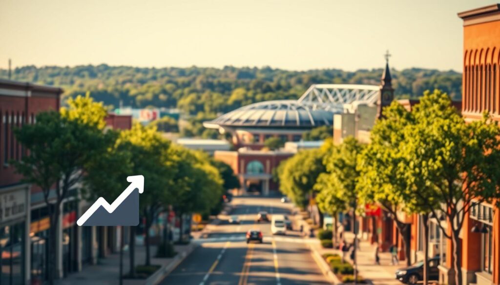 A vibrant, photorealistic landscape showcasing the benefits of local SEO for a Gainesville, FL business. In the foreground, a stylized icon representing increased web traffic and customer inquiries. In the middle ground, a bustling downtown street with storefronts and pedestrians, conveying a sense of local community engagement. In the background, the iconic landmarks of Gainesville - the University of Florida campus, Ben Hill Griffin Stadium, and lush, verdant landscapes. Warm, golden natural lighting bathes the scene, creating a welcoming and prosperous atmosphere. Captured with a wide-angle lens to emphasize the interconnectedness of local SEO, community, and business growth.