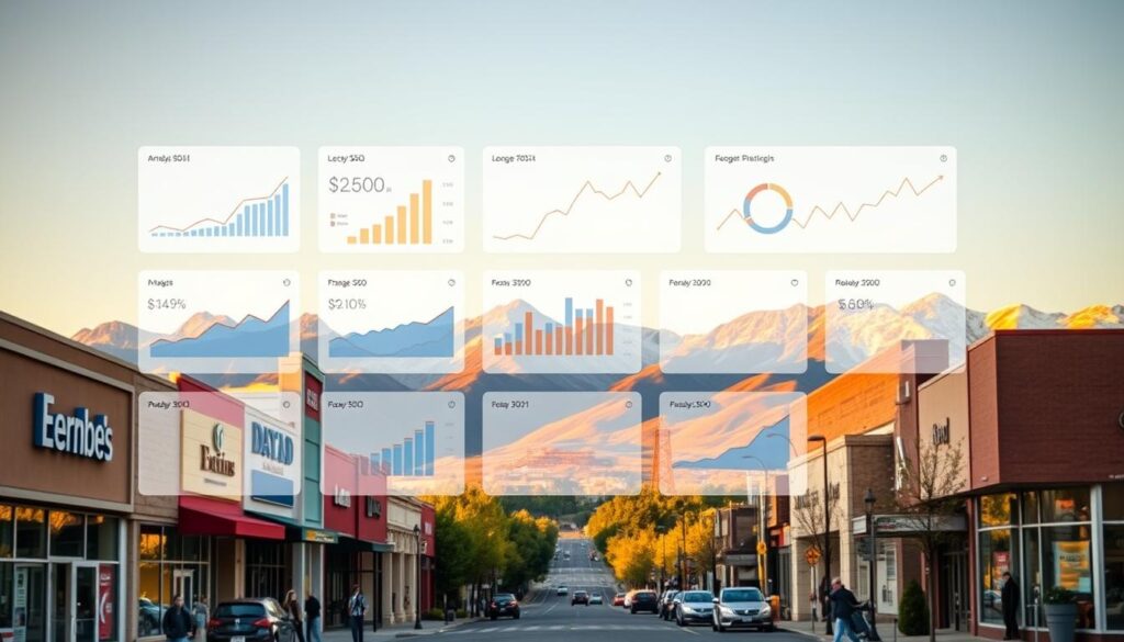 A vibrant, photorealistic landscape showcasing the local benefits of SEO for a Thornton, CO business. In the foreground, a bustling urban street with storefronts and pedestrians, conveying a thriving local economy. In the middle ground, a series of digital analytics dashboards and performance charts, highlighting the data-driven impact of effective SEO strategies. In the background, a picturesque mountain range bathed in warm, golden light, symbolizing the long-term growth and prosperity enabled by leveraging local SEO. The scene is captured through a wide-angle lens, creating a sense of depth and scale, and lit by soft, diffused natural lighting that enhances the overall clarity and detail of the image.
