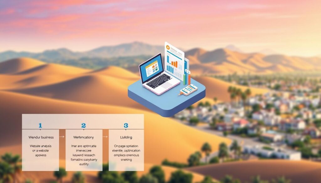 A vibrant, step-by-step process diagram depicting the key stages of an SEO audit for a local Simi Valley business. In the foreground, a detailed schematic showcases the flow of tasks, from website analysis and keyword research to on-page optimization and link building. The middle ground features a three-dimensional, isometric representation of a laptop, smartphone, and analytical charts, conveying the data-driven nature of the audit. In the background, a stylized cityscape of Simi Valley provides context, with the iconic palm trees and rolling hills setting the scene. The overall mood is one of professionalism, efficiency, and a focus on driving impactful SEO results for the local enterprise.