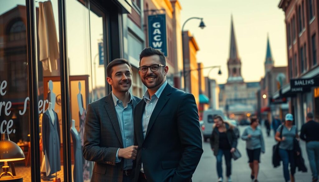 A vibrant street scene in downtown Shreveport, Louisiana. In the foreground, a stylish local SEO consultant meets with a small business owner, their faces lit by the warm glow of a cafe's window display. In the middle ground, pedestrians stroll past quaint storefronts, their signage hinting at the diverse local commerce. The background is framed by the iconic landmarks of Shreveport, their architecture casting long shadows under a clear, golden-hour sky. The overall mood is one of thriving small-town energy, reflecting the promise of local SEO services to help businesses in this community grow and succeed.