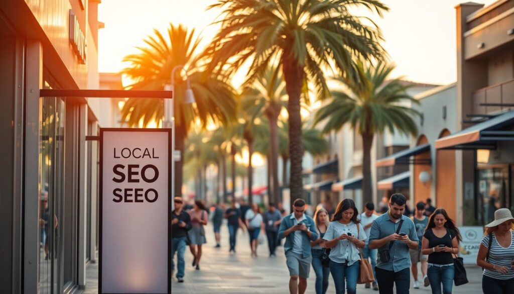 A vibrant street scene in the heart of Costa Mesa, California. In the foreground, a stylish local SEO agency signage stands prominently, its sleek design and warm lighting inviting passersby. The middle ground features busy pedestrians, their faces lit by the glow of smartphones as they navigate the bustling sidewalks. In the background, the iconic palm trees and Mediterranean-style architecture of Costa Mesa's downtown create a picturesque, California coastal ambiance. The scene is bathed in soft, golden-hour lighting, casting a serene, inviting atmosphere that captures the essence of the city's thriving local SEO community.