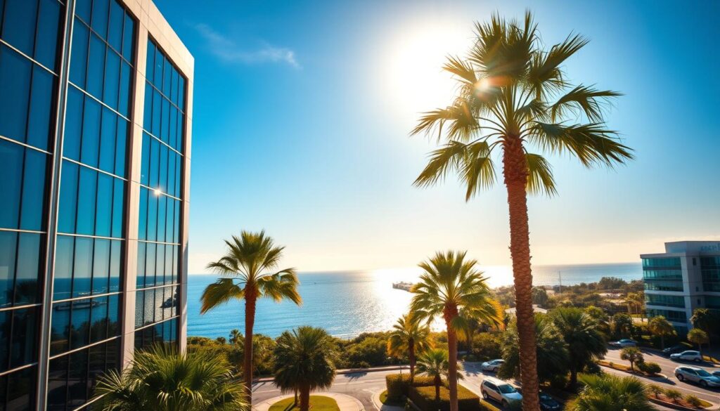 A vibrant, sun-drenched cityscape of Palm Coast, Florida, showcasing the dynamic digital landscape of the local SEO agency. In the foreground, a sleek, modern office building with large windows reflecting the azure sky. The middle ground features lush palm trees swaying gently, contrasting with the sharp lines of the architecture. In the background, the sparkling waters of the Intracoastal Waterway and the distant horizon, conveying a sense of coastal tranquility. The scene is illuminated by warm, golden sunlight, casting long shadows and creating a serene, inviting atmosphere. The overall composition suggests a thriving, forward-thinking digital marketing hub, perfectly capturing the essence of the SEO services in this picturesque Florida town.