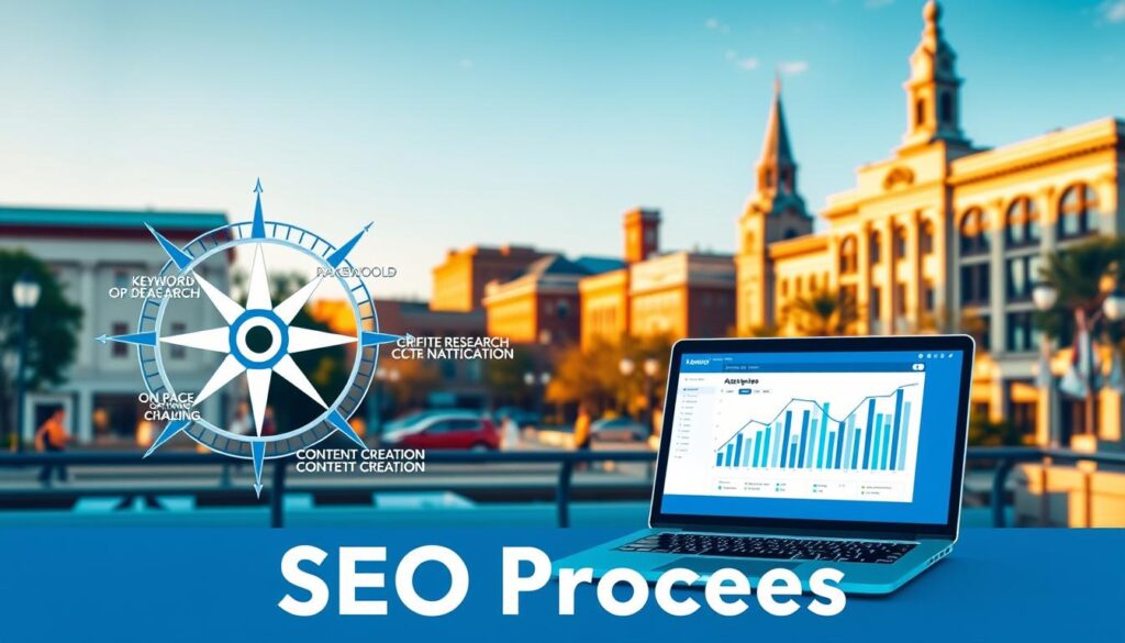 A vibrant, visually engaging illustration of the SEO process for Lakewood businesses. In the foreground, a stylized compass guides the viewer through the key steps - keyword research, on-page optimization, link building, and content creation. The middle ground showcases a laptop displaying website analytics, conveying the importance of data-driven decision making. In the background, the iconic architecture of Lakewood's downtown district sets the scene, bathed in warm, golden lighting that evokes a sense of prosperity and growth. The overall composition is dynamic, with clean lines and a cohesive color palette that reinforces the professional, results-oriented nature of the SEO process.