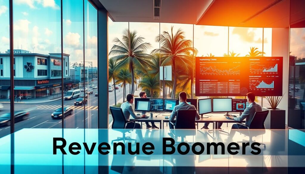 A vibrant, visually striking image showcasing the "Revenue Boomers" SEO agency in Coral Springs, Florida. The foreground features the agency's sleek, modern office space, with large windows overlooking a bustling city street. In the middle ground, a team of SEO experts are hard at work, surrounded by state-of-the-art technology and digital displays highlighting key performance metrics. The background depicts the lush, tropical landscape of Coral Springs, with palm trees swaying gently in the breeze. The lighting is warm and inviting, creating a sense of professionalism and success. The overall composition conveys the agency's expertise, innovation, and commitment to driving exceptional results for their clients.