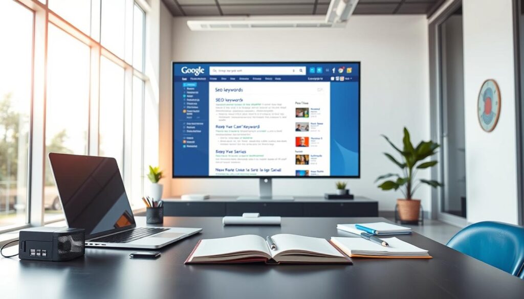 A vibrant, well-lit office setting with a modern, minimalist design. In the foreground, a desk with a laptop, notebook, and various office supplies, conveying the process of SEO keyword research. The middle ground features a large, high-resolution monitor displaying a search engine results page, showcasing the analysis of relevant keywords and their performance. The background includes sleek, floor-to-ceiling windows that flood the space with natural light, creating an airy and productive atmosphere. The overall scene conveys a sense of focus, productivity, and the importance of thorough SEO keyword research in driving digital marketing success.