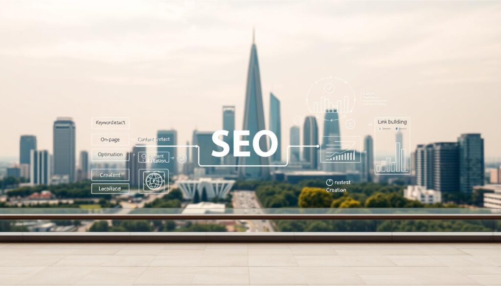 A visually engaging blueprint of the essential components that comprise an effective SEO strategy. In the foreground, a minimalist wireframe displays key pillars such as keyword research, on-page optimization, content creation, and link building. The middle ground features abstract data visualizations and analytics charts, conveying the analytical nature of SEO. In the background, a sleek cityscape with modern skyscrapers and lush greenery symbolizes the urban setting of West Covina, California. Warm, muted tones and soft, directional lighting create a professional, authoritative atmosphere befitting the subject matter.