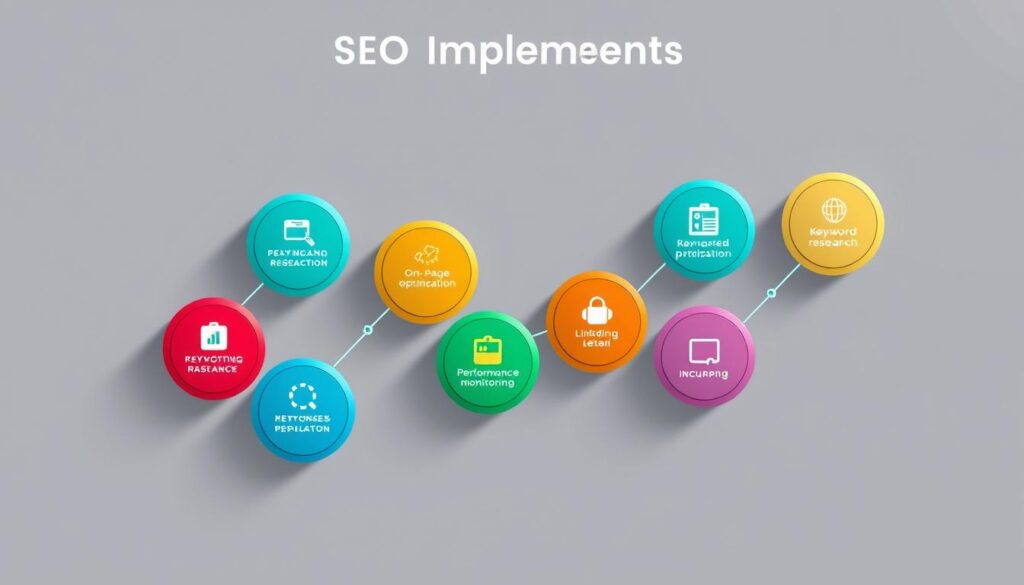 A visually striking digital illustration depicting the step-by-step SEO implementation process. Set against a clean, minimalist background, the foreground features a series of interconnected circular icons, each representing a crucial phase of the SEO workflow - from keyword research and on-page optimization to link building and performance monitoring. The icons are rendered in a vibrant, flat color palette, creating a modern, infographic-style aesthetic. Subtle lighting and shadows add depth and dimensionality, while the overall composition guides the viewer's eye through the systematic process. The result is a sleek, informative visual that effectively communicates the key elements of successful SEO implementation.