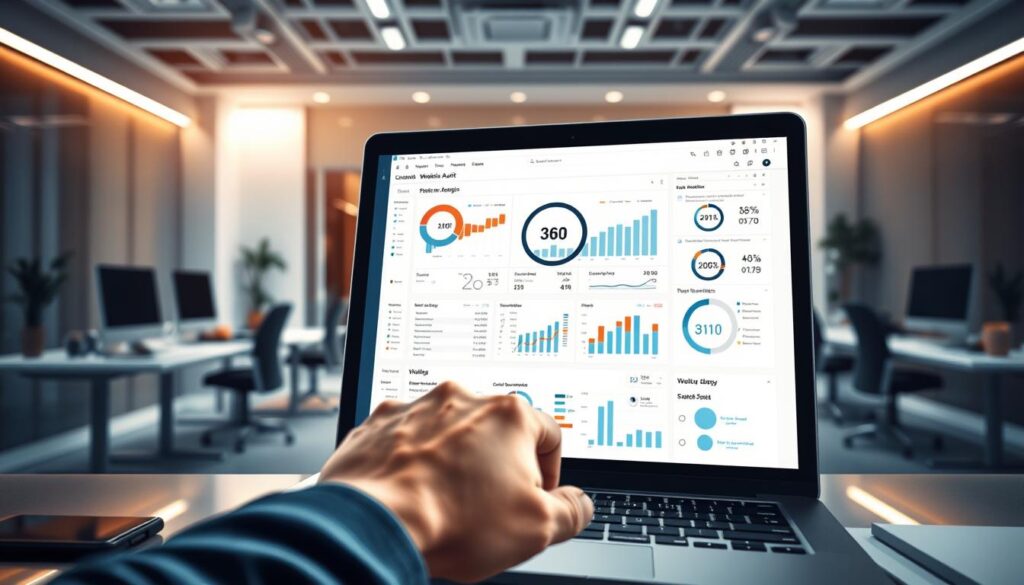 A well-lit, detailed illustration of the SEO website audit process. In the foreground, a laptop screen displays a comprehensive website analysis, with graphs, charts, and metrics. In the middle ground, a hand hovers over the keyboard, signifying the active investigation. The background features a sophisticated office setting, with sleek desks, task lighting, and minimalist decor, conveying a sense of professionalism and expertise. The overall tone is one of diligence, analysis, and a commitment to optimizing the website's performance for search engine visibility. The image should evoke a feeling of confidence in the SEO service provider's ability to conduct a thorough and effective audit.