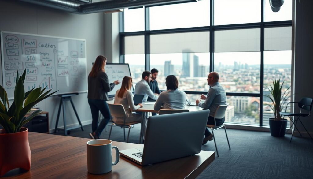 A well-lit, modern office space with a team of professionals collaborating on a digital marketing strategy for a local SEO company in Eugene, Oregon. In the foreground, a stylish desk with a laptop, coffee mug, and a potted plant. Behind it, a whiteboard filled with notes and brainstorming ideas. In the middle ground, the team gathers around a conference table, discussing analytics and campaign plans. In the background, large windows offer a view of the city skyline, creating a sense of connection to the local community. The lighting is warm and inviting, and the overall atmosphere conveys a sense of expertise, collaboration, and a commitment to driving results for the company's clients.