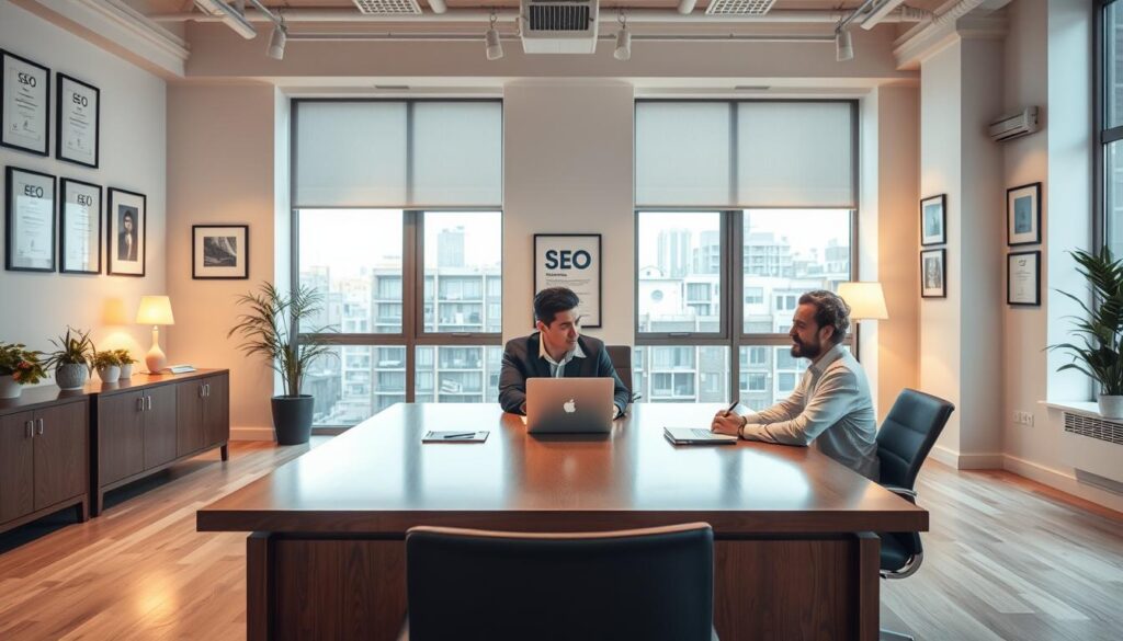 A well-lit office interior, with a large desk at the center. On the desk, a laptop, some papers, and a pen. In the foreground, a person sitting at the desk, leaning forward, engaged in conversation with another person seated across from them. The walls are adorned with framed certificates and awards, suggesting expertise in the field of SEO. The lighting is warm and inviting, creating a professional yet approachable atmosphere. The room is spacious, with large windows allowing natural light to flood the space. The overall scene conveys a sense of trust, knowledge, and a commitment to providing valuable SEO consultation services.