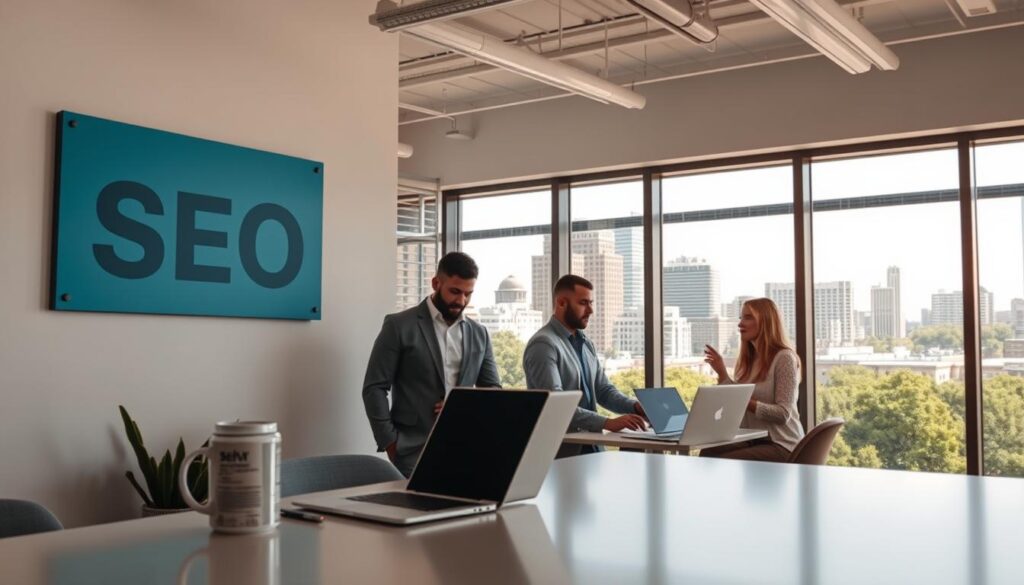 A well-lit office interior with a local SEO company's signage prominently displayed on the wall. The foreground features a modern desk with a laptop, coffee mug, and some office supplies. The middle ground showcases a team of professionals collaborating on digital marketing strategies, their faces obscured for privacy. The background depicts the cityscape of Beaumont, TX, with its distinctive architecture and lush greenery visible through the large windows. The lighting is warm and inviting, creating a professional yet approachable atmosphere. The overall composition conveys the expertise and dedication of a thriving local SEO company serving the Beaumont community.