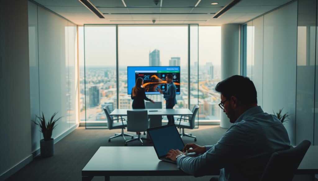 A well-lit office interior with a modern, minimalist design. In the foreground, a businessperson sits at a desk, deeply engaged with a laptop, conveying a sense of focused productivity. The middle ground features a sleek, glass-enclosed conference room, where two professionals are collaborating on a digital presentation displayed on a large, high-resolution screen. The background showcases the vibrant cityscape of West Covina, visible through large windows, bathed in warm, natural lighting. The overall atmosphere exudes a professional, collaborative, and tech-savvy vibe, reflecting the expertise and capabilities of a leading SEO partner in the area.