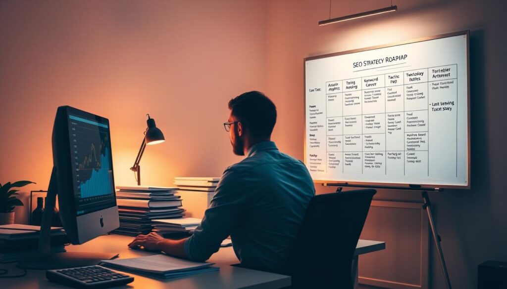 A well-lit office scene with a desktop computer, a stack of documents, and a whiteboard in the background. A person sitting at the desk, intently studying digital analytics on the screen. The whiteboard displays a detailed SEO strategy roadmap, with keywords, tactics, and metrics clearly outlined. Warm, focused lighting illuminates the workspace, conveying a sense of productive concentration. The overall mood is one of strategic planning and implementation, with a clean, professional aesthetic.