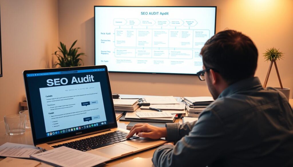 A well-lit office scene with a laptop displaying an SEO audit process on the screen. In the foreground, a person is sitting at a desk, deeply focused on the task at hand. The middle ground features various SEO-related documents, reports, and tools scattered neatly across the desk. In the background, a wall-mounted display shows a detailed workflow diagram outlining the key steps of the SEO audit process. The lighting is warm and inviting, creating a productive and professional atmosphere. The composition emphasizes the importance of a thorough SEO audit for a Paterson, NJ business, visually guiding the viewer through the process.