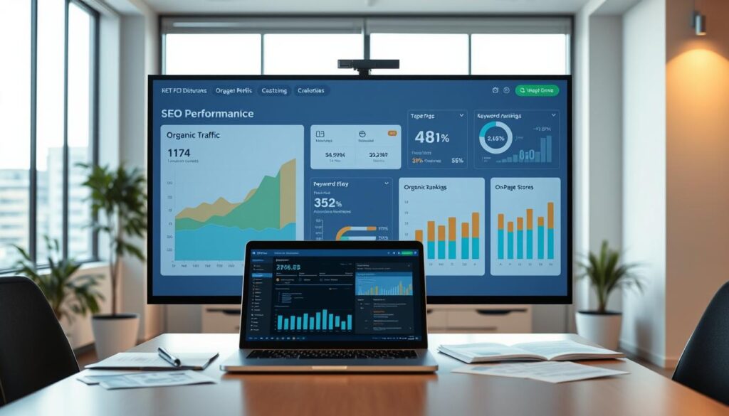 A well-lit office setting, with a large monitor displaying a comprehensive SEO performance dashboard. The foreground features a stylized graph charting organic traffic growth, keyword rankings, and on-page optimization scores. In the middle ground, a laptop open to an analytics platform, surrounded by carefully arranged notes and reports. The background showcases a minimalist, modern workspace with large windows, providing a sense of openness and professionalism. The lighting is a soft, warm glow, creating a focused and productive atmosphere. The overall scene conveys the importance of data-driven SEO monitoring for both small and large companies seeking to maximize their online visibility and success.