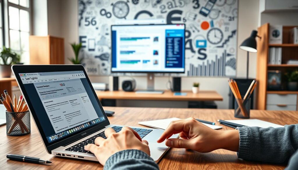 A well-lit office workspace with a laptop, notebook, and writing implements neatly arranged on a wooden desk. In the foreground, a person's hands are typing on the keyboard, creating digital content. The middle ground features a monitor displaying keyword research and SEO analytics, while the background showcases a large, inspirational wall mural depicting a search engine results page. The scene conveys a sense of focus, productivity, and the integral role of content creation in Search Engine Optimization.