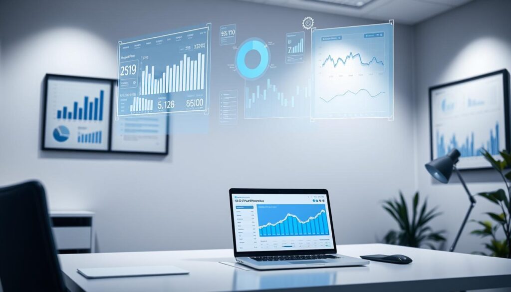 A well-lit office workspace with a sleek, minimalist design. On the desk, a laptop displays a comprehensive SEO performance dashboard, showcasing key metrics such as organic traffic, keyword rankings, and conversion rates. Floating above the screen, holographic data visualizations provide deeper insights, presented in a clean, intuitive manner. The walls are adorned with framed charts and graphs, highlighting SEO performance trends over time. Soft, directional lighting casts a professional, analytical atmosphere, inviting the viewer to delve into the nuances of data-driven SEO optimization.