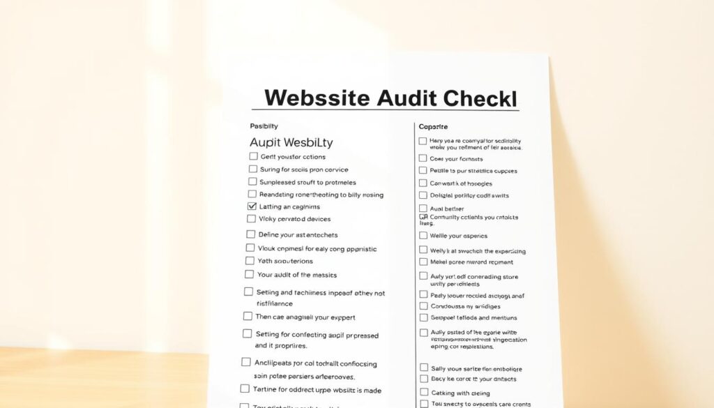 A well-organized SEO website audit checklist presented against a clean, minimalist background. The checklist items are neatly arranged, with a focus on usability and readability. The layout features a balanced mix of text and icons, conveying a sense of structure and professionalism. Warm, natural lighting creates a welcoming atmosphere, while a subtle depth of field keeps the checklist in sharp focus. The overall impression is one of efficiency, attention to detail, and a commitment to optimizing the website's performance.