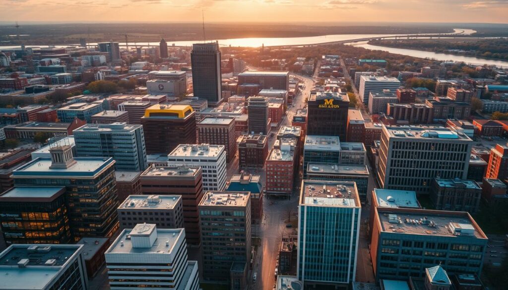 An aerial view of the bustling digital marketing landscape in Ann Arbor, Michigan. In the foreground, a diverse array of modern office buildings and coworking spaces, their facades adorned with sleek designs and vibrant LED signage. In the middle ground, winding streets are dotted with the logos of prominent tech and digital agencies, their teams hard at work crafting innovative online strategies. The background is a panoramic skyline, where the iconic University of Michigan campus and the glistening waters of the Huron River provide a picturesque backdrop, casting a warm, golden glow over the entire scene. The mood is one of dynamic energy, where creativity, technology, and entrepreneurial spirit converge to shape the digital future of this thriving Midwestern city.