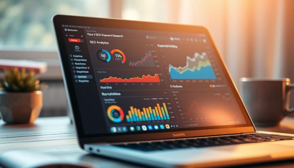 Detailed and data-driven SEO keyword research analysis. A focused close-up view of a laptop screen displaying a comprehensive SEO analytics dashboard. Vibrant, modern UI with interactive charts, graphs, and data visualizations. Warm, diffused natural lighting casts a soft glow, creating a professional, task-oriented atmosphere. Subtle depth of field blur emphasizes the analytical content on the screen. The scene conveys expertise, insights, and a strategic approach to optimizing online visibility and search engine performance.