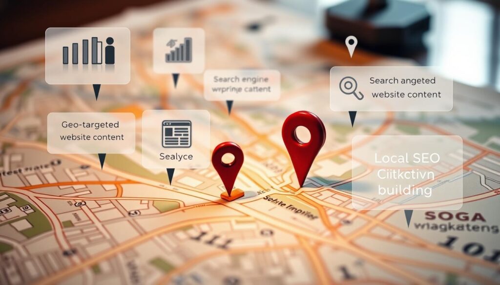 Detailed close-up shot of a local business map with navigation pins, magnifying glass, and digital marketing icons. Crisp, clean, modern design with a warm lighting scheme and soft shadows. Floating transparent layers show search engine optimization analytics, geo-targeted website content, and local citation building. The overall mood is professional, informative, and visually engaging to illustrate an effective local SEO strategy.