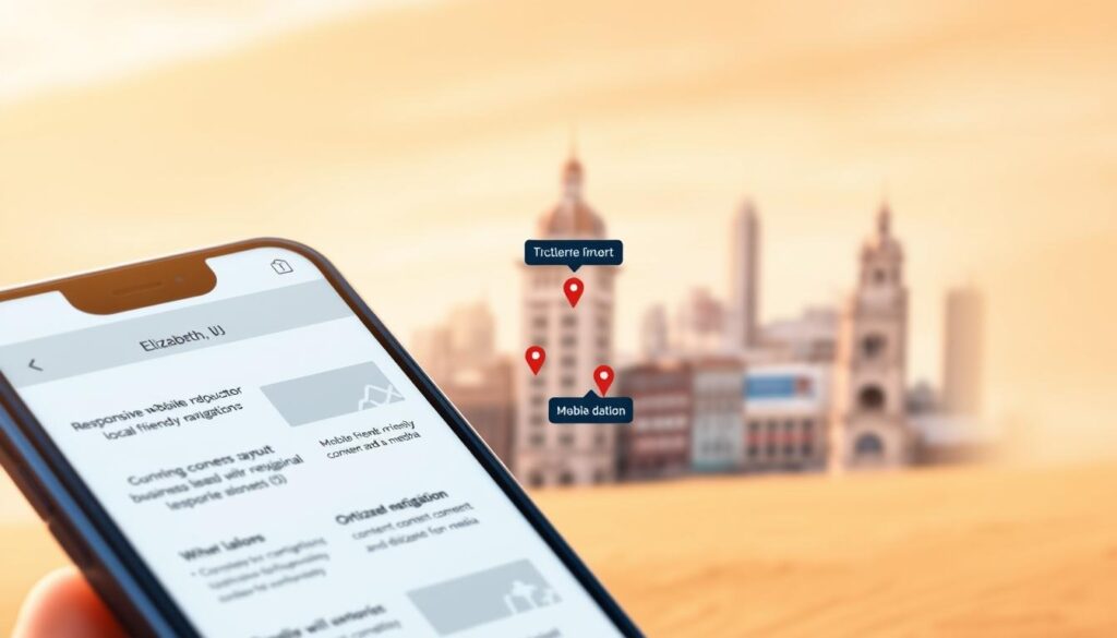 Detailed digital illustration of a mobile phone screen showcasing mobile optimization strategies for local Elizabeth, NJ businesses. The screen displays various features like responsive website layout, mobile-friendly navigation, and optimized content and media. The foreground has a clean, minimalist interface with bold typography and subtle icons. The middle ground features a map of Elizabeth with highlighted business locations. The background has a soft, blurred cityscape with landmarks like the iconic Singer Building. The scene is bathed in warm, natural lighting, conveying a sense of professionalism and user-friendliness. The overall mood is modern, informative, and geared towards helping Elizabeth consumers discover and engage with local enterprises.