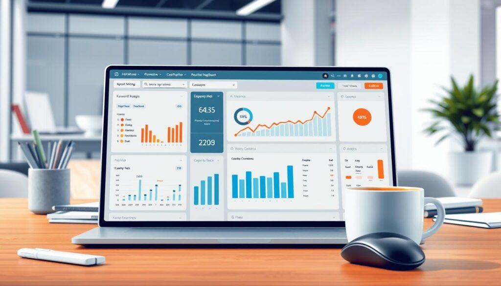 Detailed digital illustration of a professional SEO analysis dashboard, showcasing keyword research, optimization, and performance tracking. Foreground features a laptop screen displaying a visually intuitive interface with graphs, charts, and data visualizations. Middle ground depicts a desk workspace with office supplies, a tactile mouse, and a cup of coffee. Background shows a modern, minimalist office environment with clean lines, natural lighting, and a potted plant.