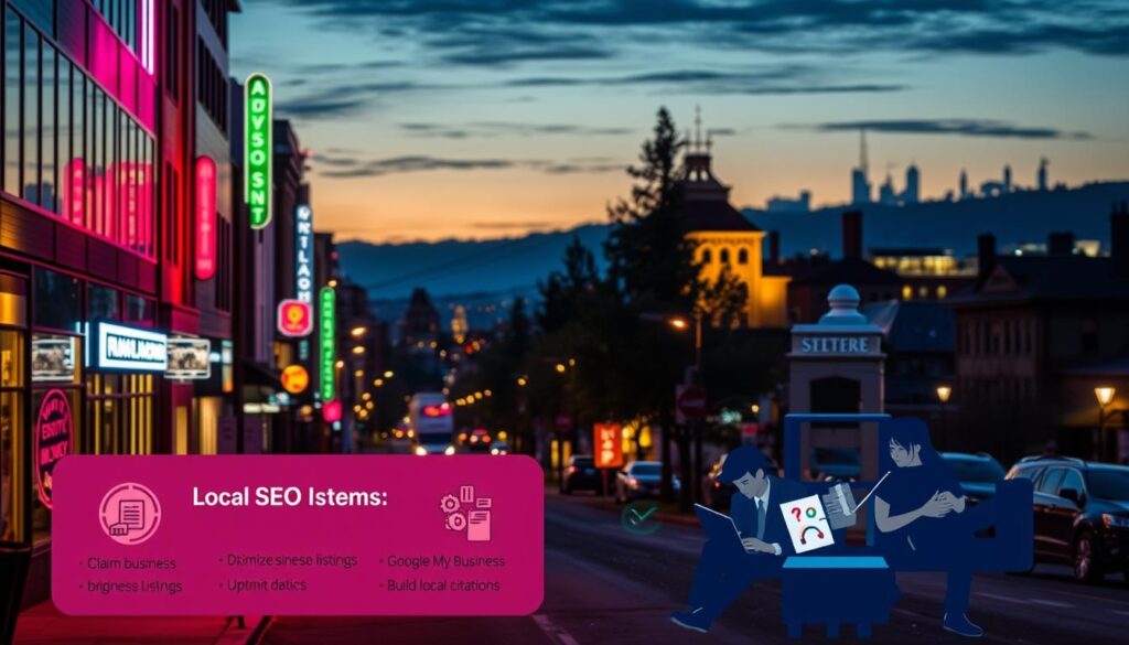 Detailed step-by-step guide to implementing local SEO in Gresham, Oregon. A neon-lit city street at dusk, with a mix of modern and historic buildings. In the foreground, a stylized infographic displays key local SEO steps like claiming business listings, optimizing Google My Business, and building local citations. In the middle ground, local business owners are seen on their laptops and mobile devices, collaborating on local SEO strategies. In the background, a dimly lit skyline with iconic landmarks of Gresham. The scene is illuminated by warm, focused lighting, creating a sense of focus and productivity around the local SEO implementation process.