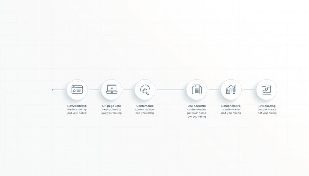 Detailed, step-by-step process diagram showcasing the key stages of search engine optimization (SEO). A minimalist, vector-style illustration set against a clean, white background with subtle grid lines. Foreground features a linear progression of circular icons representing essential SEO activities like keyword research, on-page optimization, content creation, link building, and performance tracking. Middle ground includes explanatory labels for each step. Background has a light blue gradient to create depth and focus. Rendered with a flat, modern aesthetic using a muted, professional color palette. Lighting is flat and even, creating a clear, technical presentation of the SEO workflow.