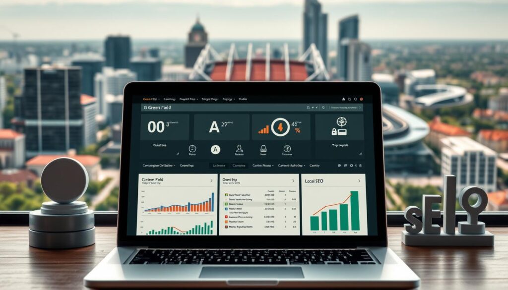 Elegant and minimalist image of the key components of effective SEO for Green Bay businesses. In the foreground, a laptop displaying a search engine optimization dashboard with various metrics and analytics. Behind it, three-dimensional icons representing search engine optimization elements like keyword optimization, content marketing, and local SEO. In the background, a stylized cityscape of Green Bay, Wisconsin with the iconic Lambeau Field stadium visible. The scene is bathed in a warm, natural lighting that creates a sense of professionalism and authority. The overall mood is one of efficiency, strategy, and growth for local businesses.