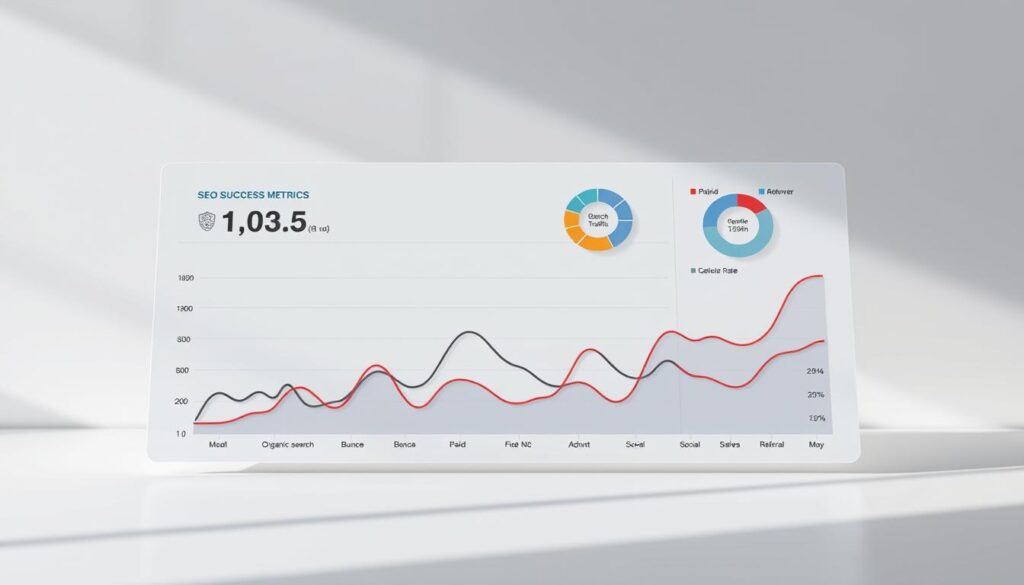 High-contrast digital illustration of SEO success metrics, featuring a clean, minimalist dashboard layout. In the foreground, a line graph displays website traffic growth over time, with key performance indicators like organic search sessions, bounce rate, and conversion rate shown in distinct colored lines. In the middle ground, circular charts depict the breakdown of traffic sources, including paid, social, and referral channels. The background features a subtle hexagonal grid pattern, conveying a sense of data-driven analysis. Soft, directional lighting casts long shadows, emphasizing the precise, analytical nature of the visualization. The overall mood is professional, data-driven, and visually striking.
