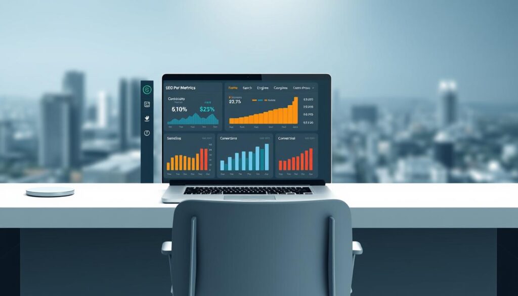 High-quality digital illustration of SEO performance metrics dashboard, featuring a laptop or desktop computer screen displaying key performance indicators such as website traffic, search engine rankings, conversion rates, and click-through rates. The screen is situated on a modern, minimalist desk with a stylish office chair in the foreground. The background features a blurred cityscape, representing the Jurupa Valley, CA location. The overall scene is well-lit with a soft, directional light source, creating depth and dimensionality. The color palette is muted and professional, with shades of gray, blue, and silver predominating. The mood is one of analytical focus and data-driven decision making.