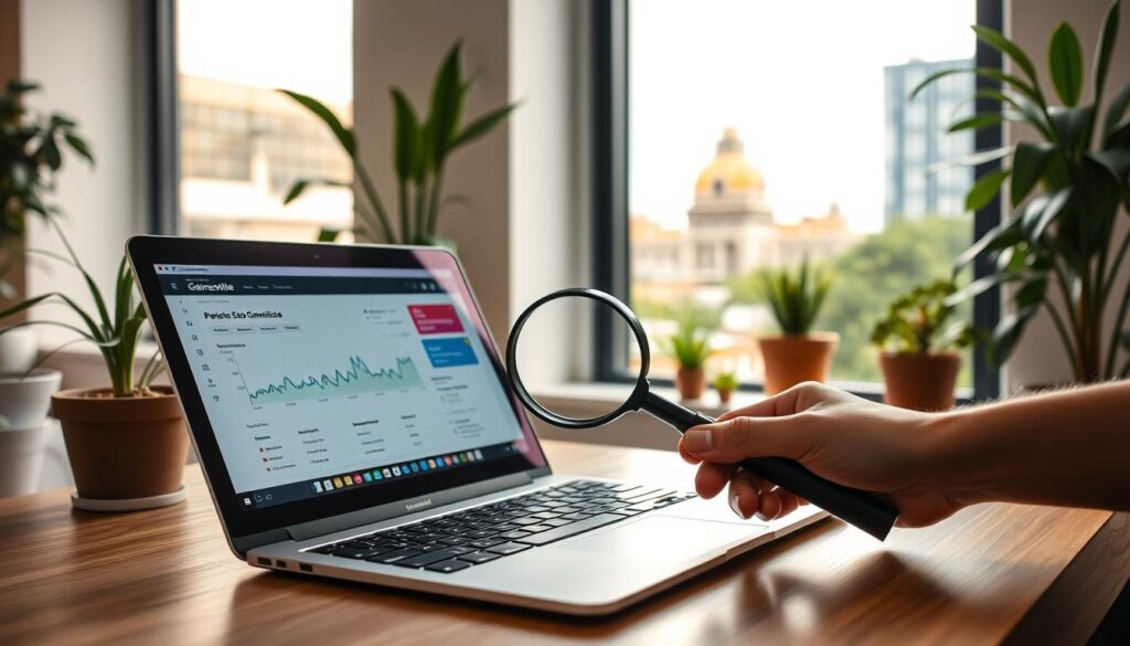 Imagine a serene office setting, where a laptop displays vibrant website analytics against a backdrop of potted plants and natural light filtering through large windows. In the foreground, a hand hovers over the keyboard, symbolizing the active optimization of Gainesville businesses' online presence. The middle ground features a strategically placed magnifying glass, underscoring the meticulous research and attention to detail required for effective SEO. The background showcases the bustling city of Gainesville, with its distinctive architecture and lush greenery, representing the local focus of the SEO strategies. Soft, warm lighting creates a welcoming and professional atmosphere, conveying the expertise and care put into improving Gainesville businesses' digital visibility.