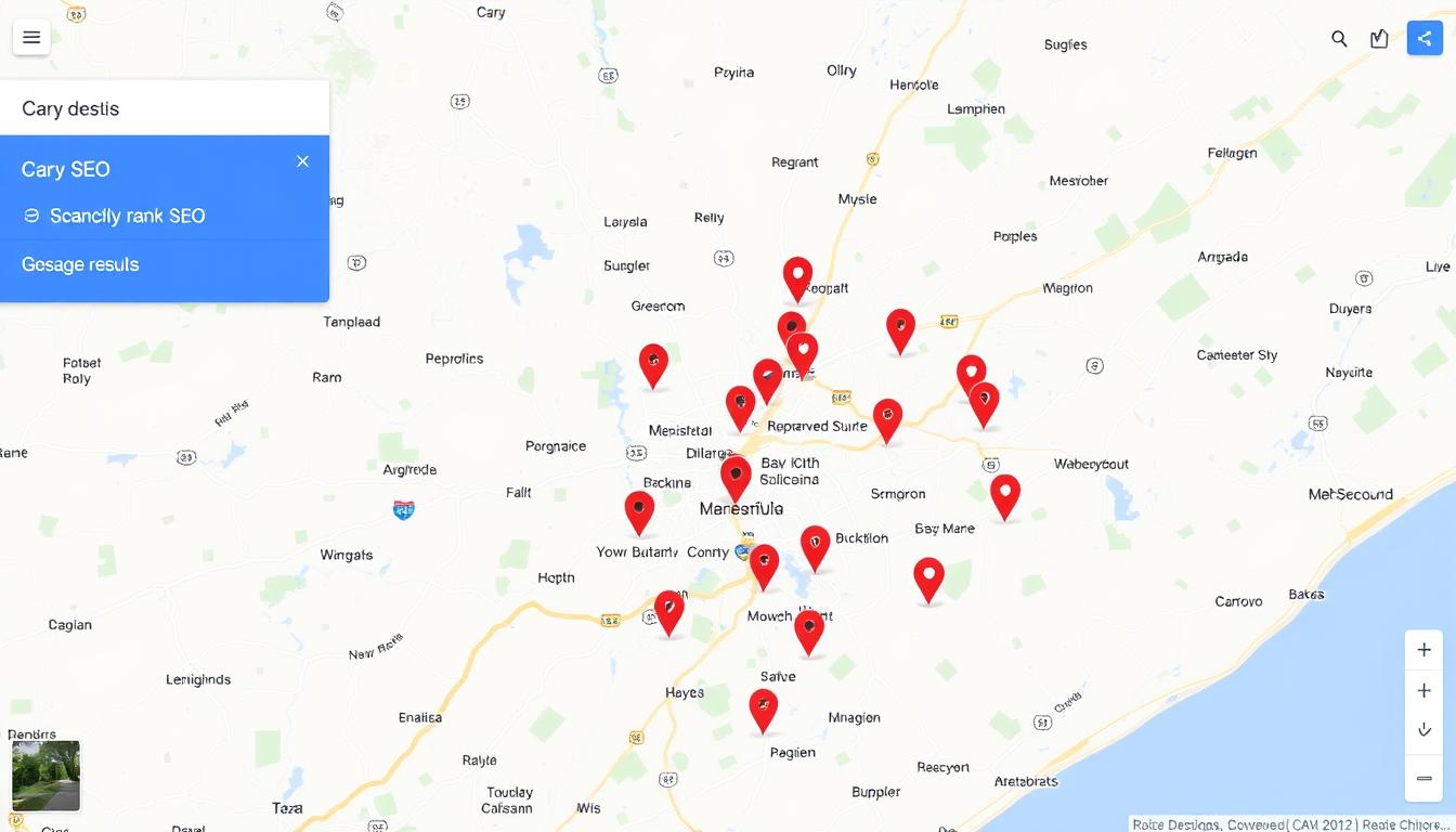 Local SEO map showing Cary, NC businesses ranking in Google search results
